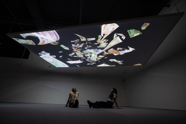 Installation view of Pratchaya Phinthong’s ‘Undrift’ (2024) as part of ‘Pratchaya Phinthong: No Patents on Ideas’ at SAM at Tanjong Pagar Distripark. Image courtesy of Singapore Art Museum.